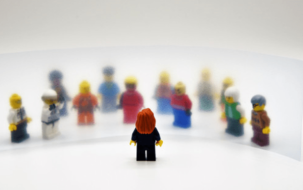Woman among men in Lego figures