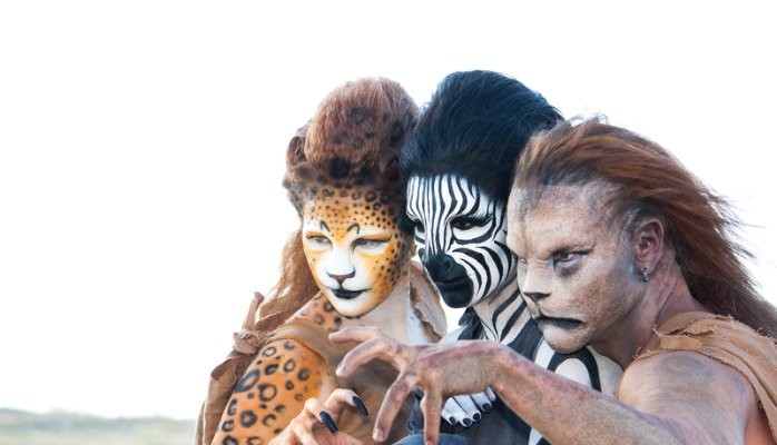 3 people wearing a animal makeup, zebra, lion and pantera
